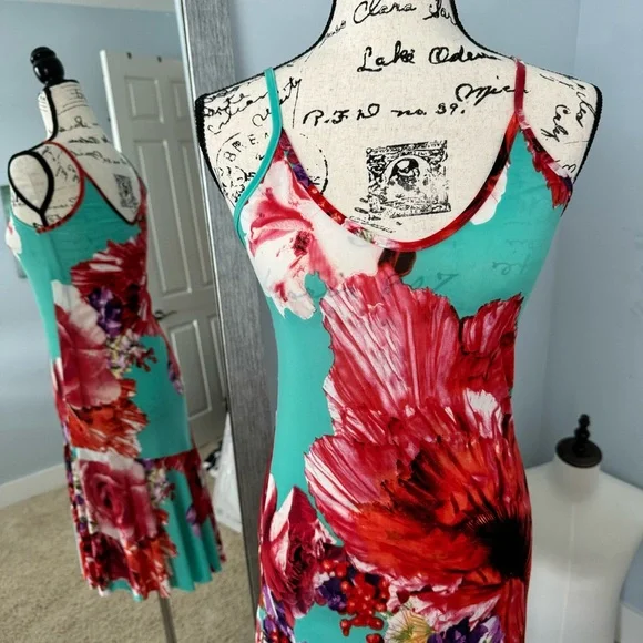 Floral Brightly Colored Asymmetrical Tropical Vacation Dress SMALL - Picture 5 of 6